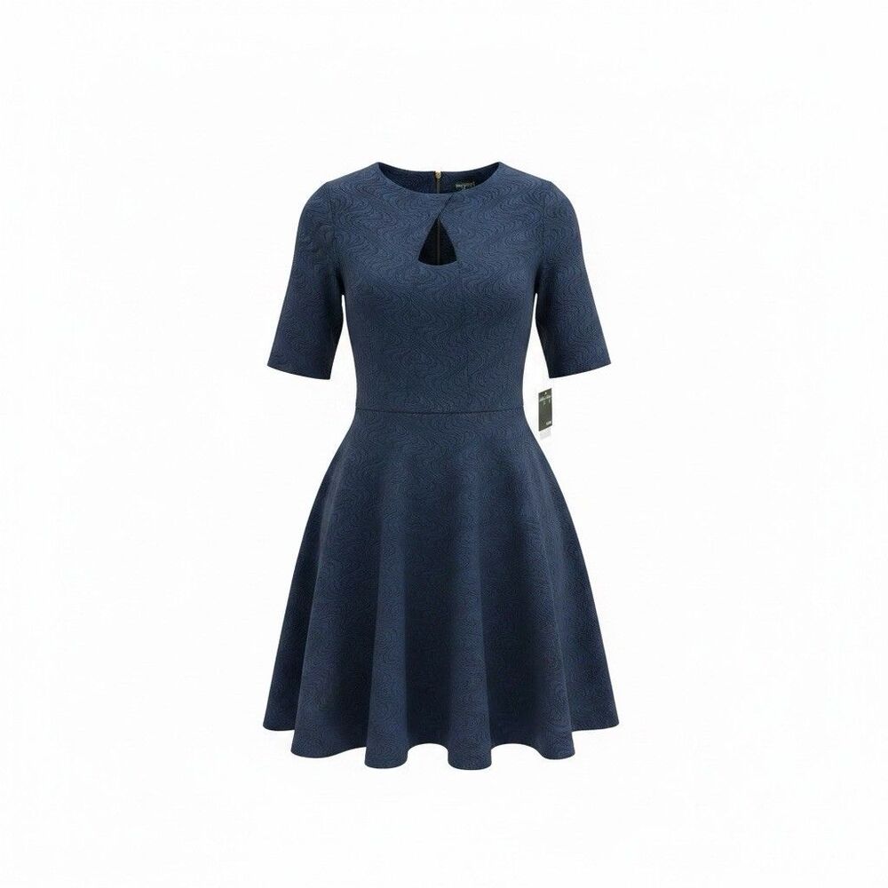 Gabby Skye Size 6 Fit & Flare Navy Blue Half Sleeve Dress, Zip Up  A-line